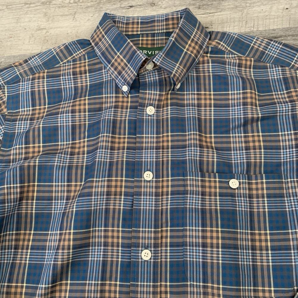 Orvis Shirt Mens Medium Blue Brown Plaid Wrinkle Free 100% Cotton Button-Up